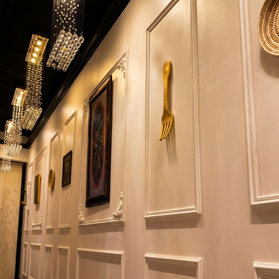 Elegant restaurant hallway with crystal chandeliers, framed art, and a large golden fork wall decoration.