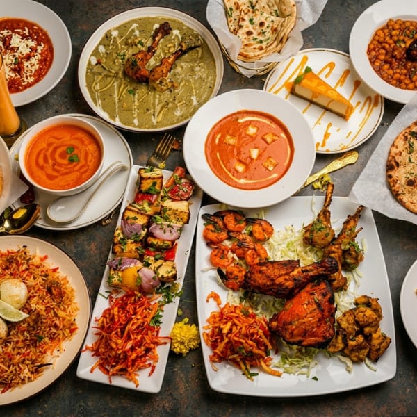 A lavish spread of Indian dishes, including curries, biryani, grilled meats, and naan bread.