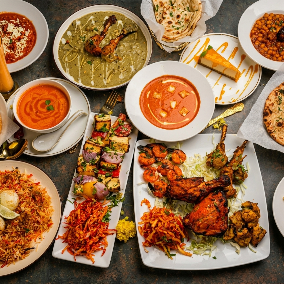 A lavish spread of Indian dishes, including curries, biryani, grilled meats, and naan bread.